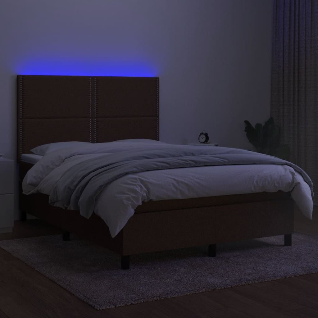 vidaXL Cama box spring colchón luces LED tela marrón oscuro 140x200cm