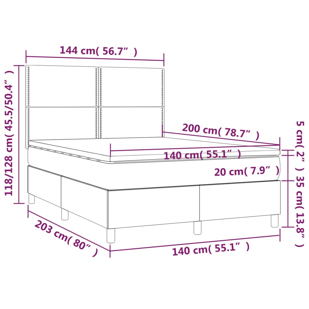 vidaXL Cama box spring colchón luces LED tela marrón oscuro 140x200cm