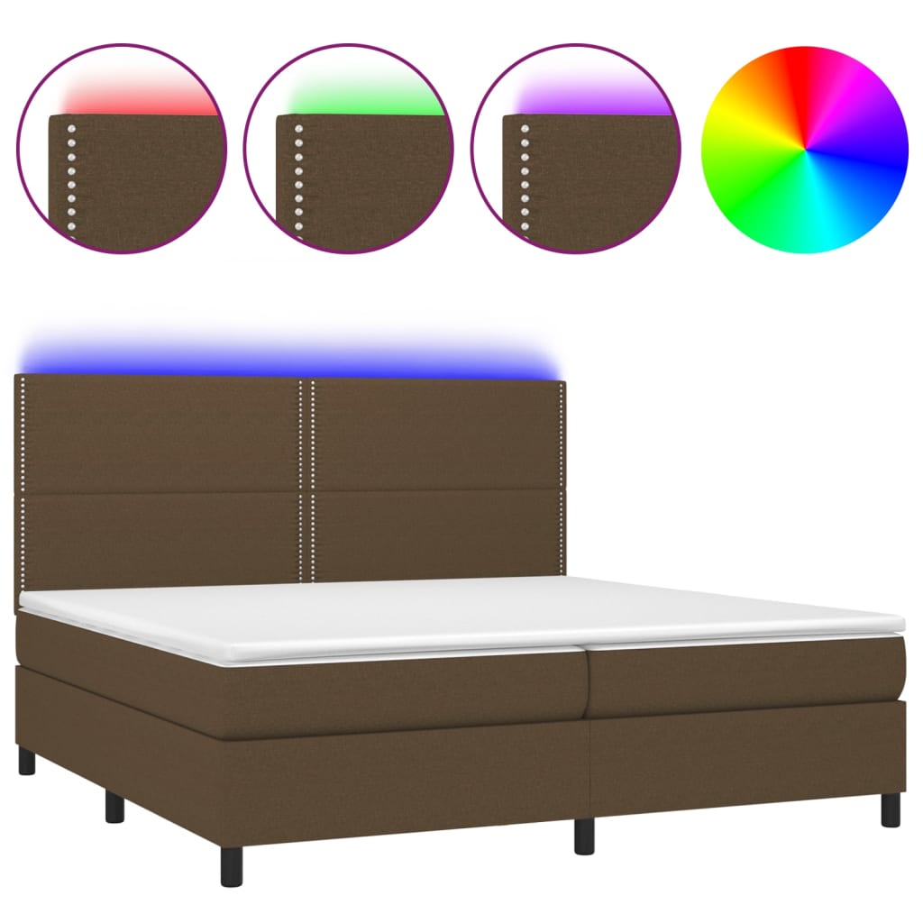 vidaXL Cama box spring colchón luces LED tela marrón oscuro 200x200 cm