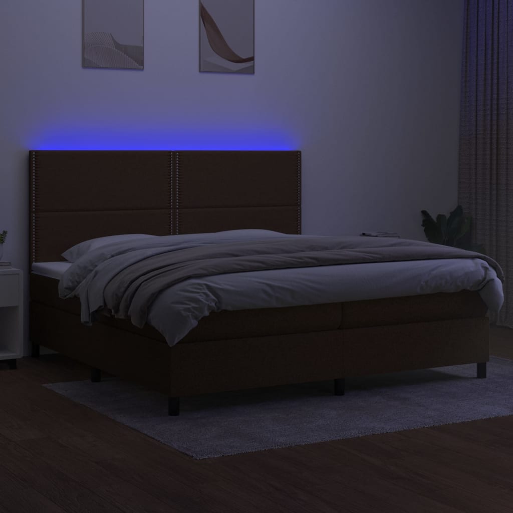 vidaXL Cama box spring colchón luces LED tela marrón oscuro 200x200 cm