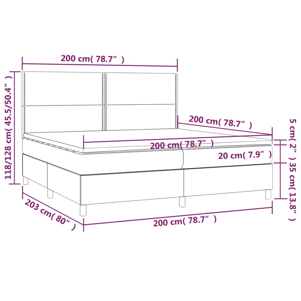 vidaXL Cama box spring colchón luces LED tela marrón oscuro 200x200 cm