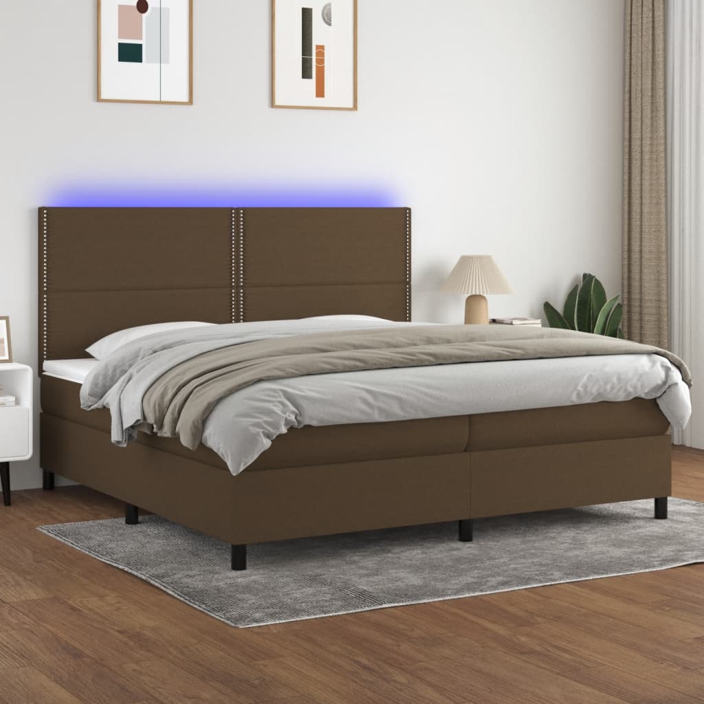 vidaXL Cama box spring colchón luces LED tela marrón oscuro 200x200 cm