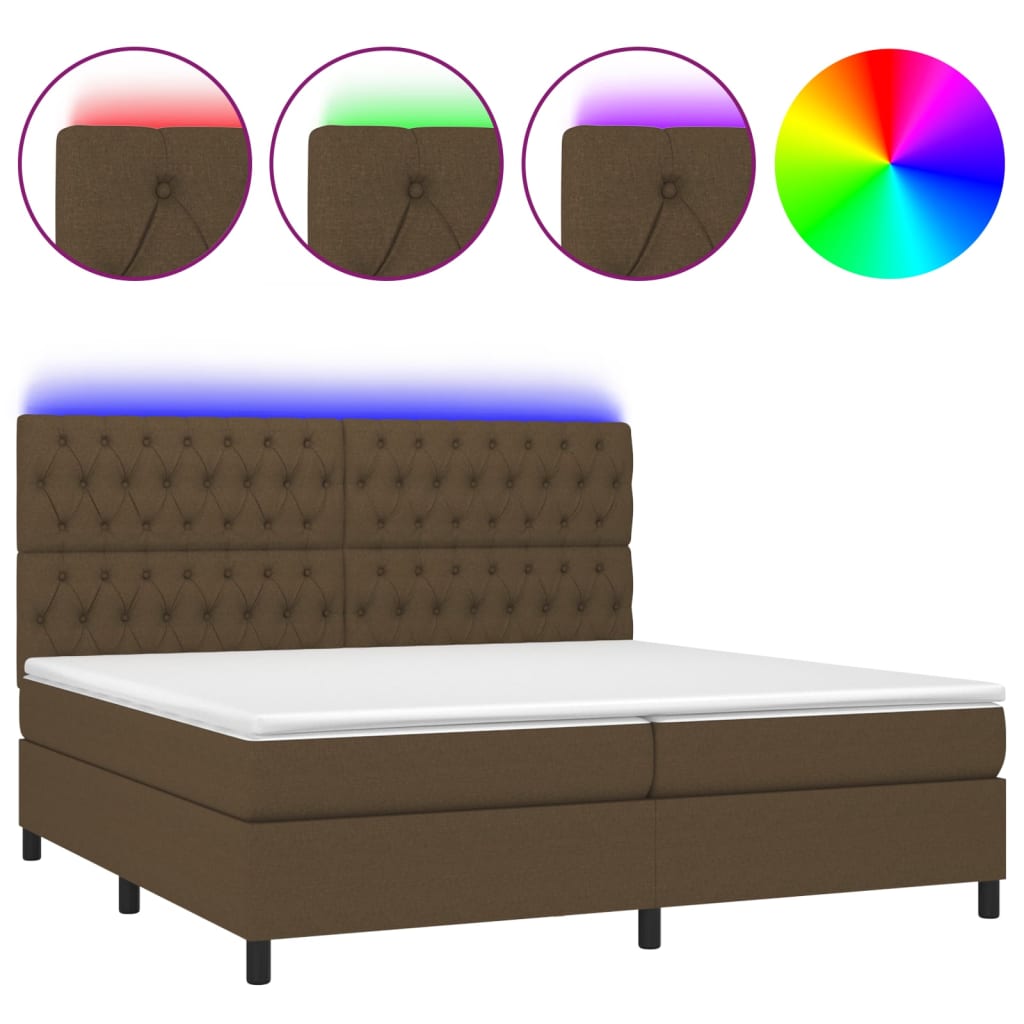 vidaXL Cama box spring colchón luces LED tela marrón oscuro 200x200 cm