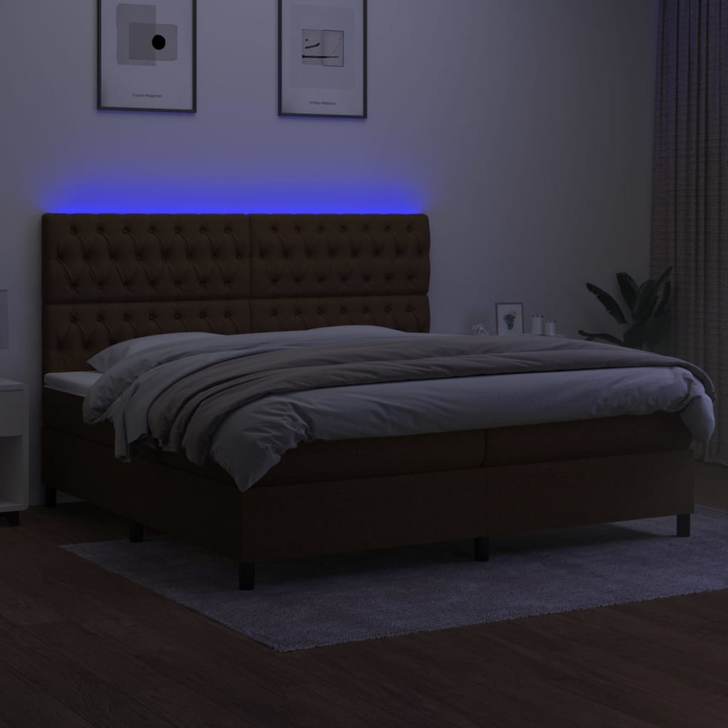 vidaXL Cama box spring colchón luces LED tela marrón oscuro 200x200 cm