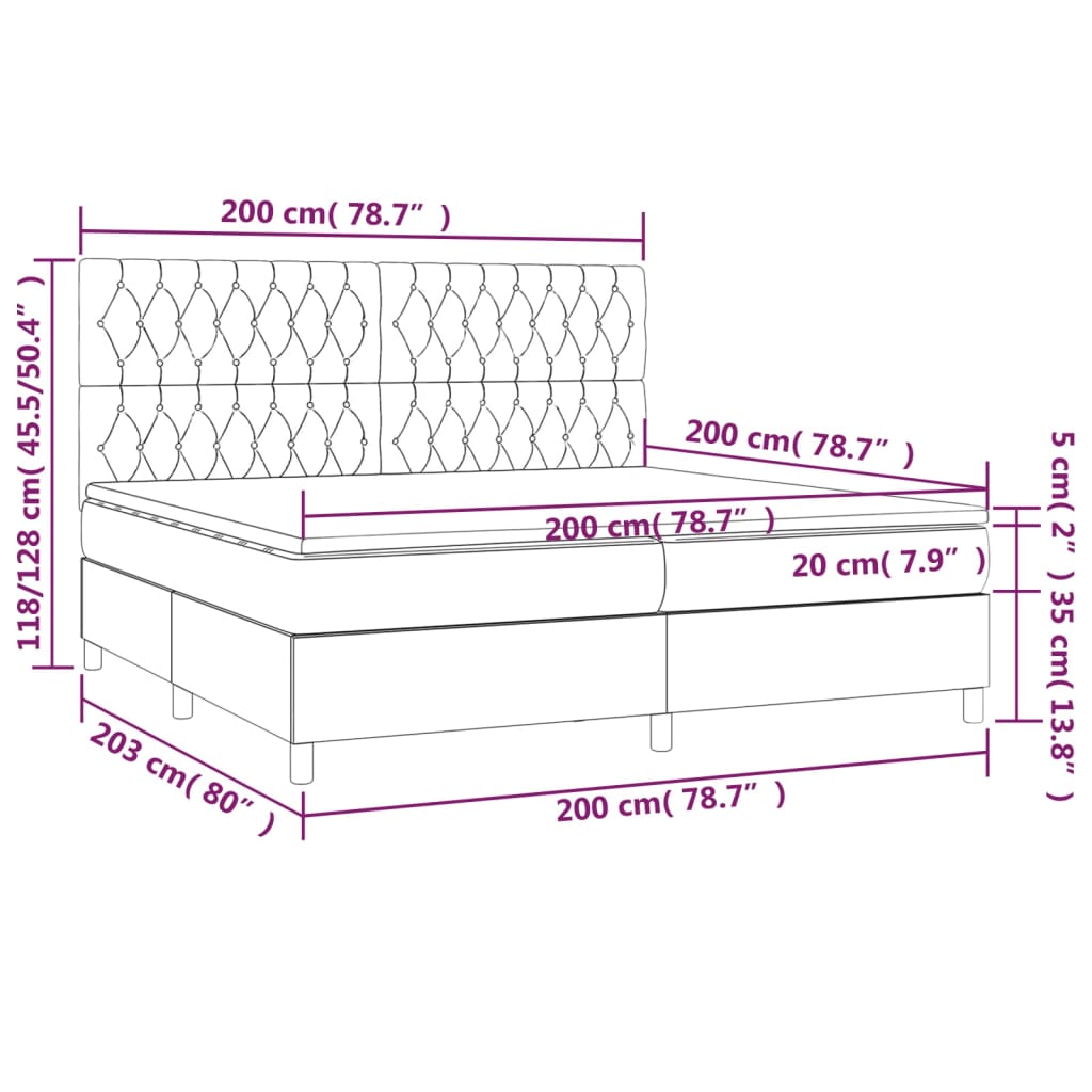 vidaXL Cama box spring colchón luces LED tela marrón oscuro 200x200 cm