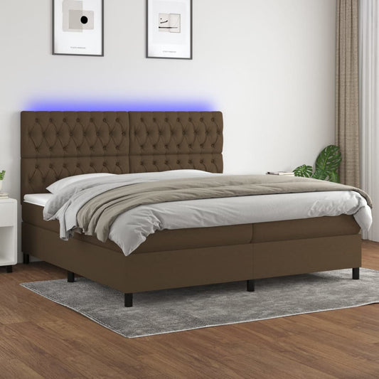 vidaXL Cama box spring colchón luces LED tela marrón oscuro 200x200 cm