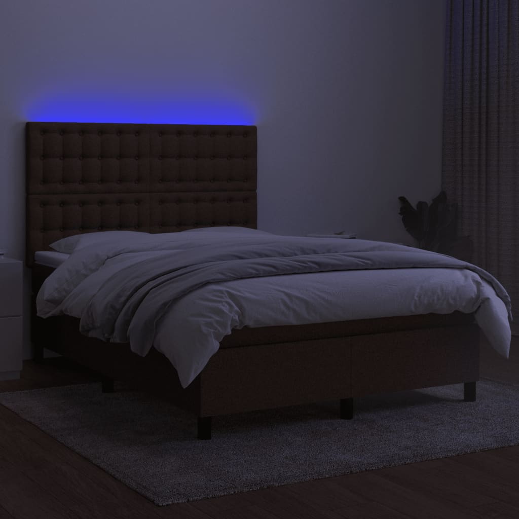 vidaXL Cama box spring colchón luces LED tela marrón oscuro 140x200cm