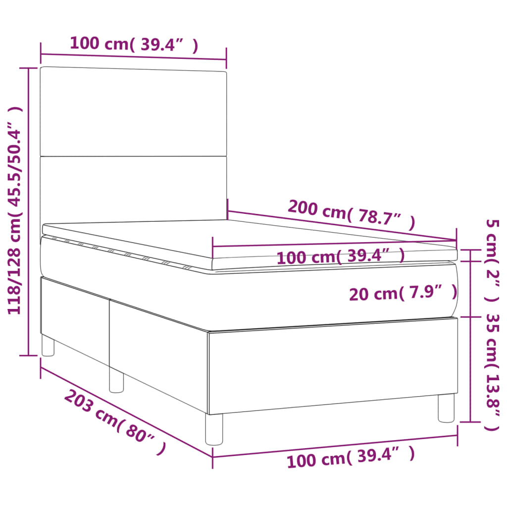 vidaXL Cama box spring colchón luces LED tela marrón oscuro 100x200cm