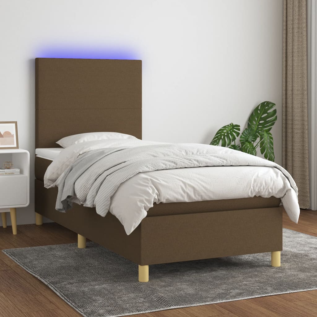 vidaXL Cama box spring colchón luces LED tela marrón oscuro 100x200cm