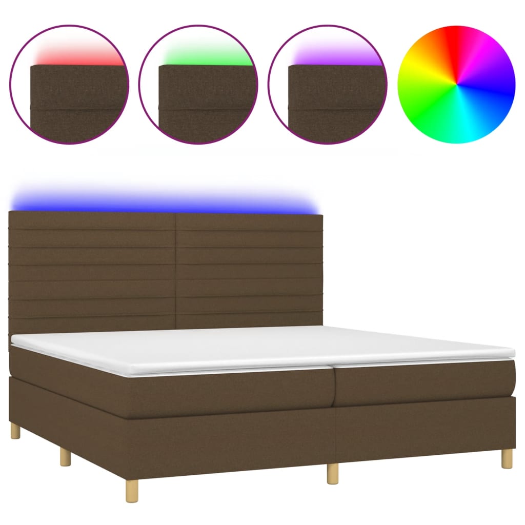 vidaXL Cama box spring colchón luces LED tela marrón oscuro 200x200 cm