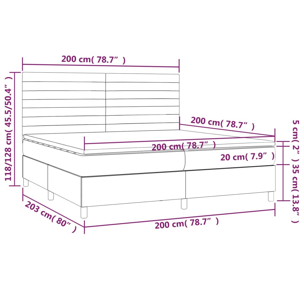 vidaXL Cama box spring colchón luces LED tela marrón oscuro 200x200 cm