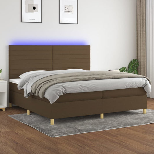 vidaXL Cama box spring colchón luces LED tela marrón oscuro 200x200 cm