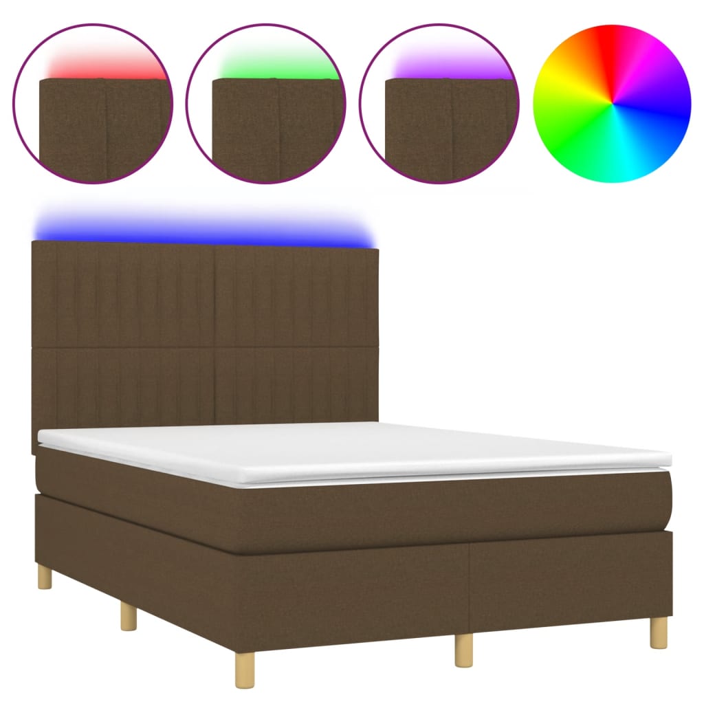 vidaXL Cama box spring colchón luces LED tela marrón oscuro 140x200cm