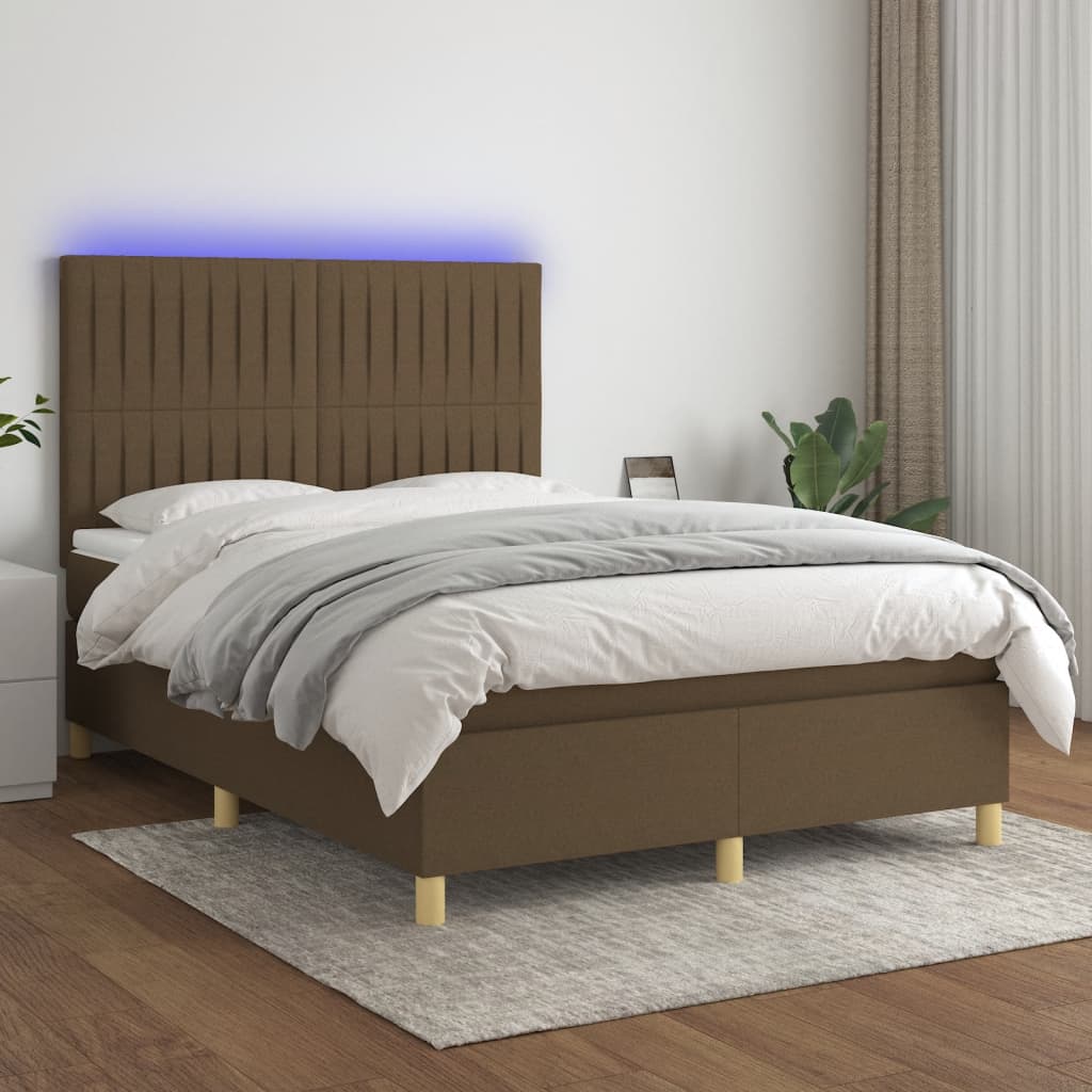 vidaXL Cama box spring colchón luces LED tela marrón oscuro 140x200cm