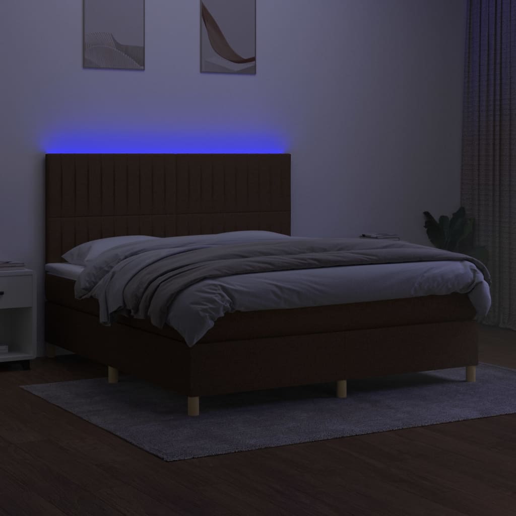 vidaXL Cama box spring colchón luces LED tela marrón oscuro 180x200cm