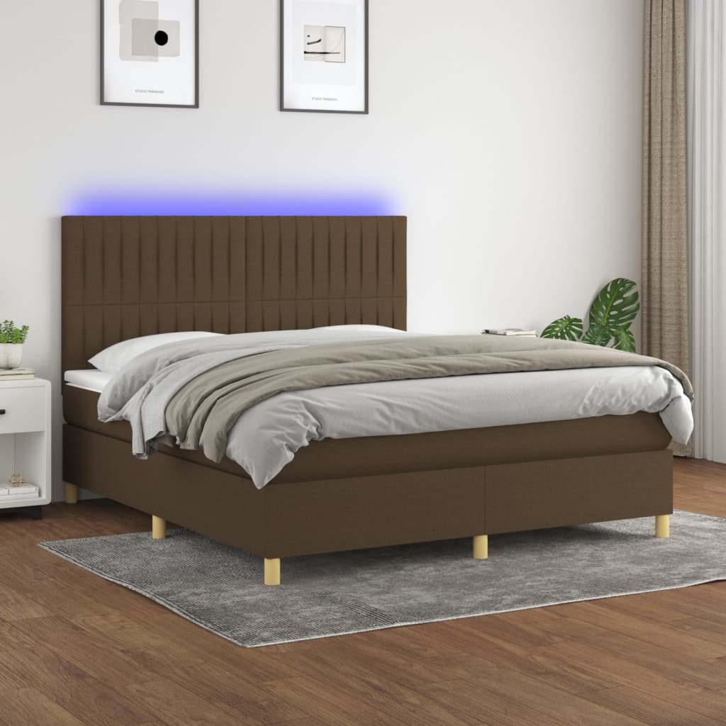 vidaXL Cama box spring colchón luces LED tela marrón oscuro 180x200cm