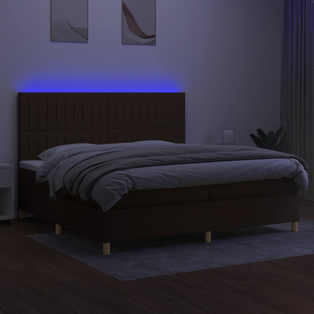 vidaXL Cama box spring colchón luces LED tela marrón oscuro 200x200 cm