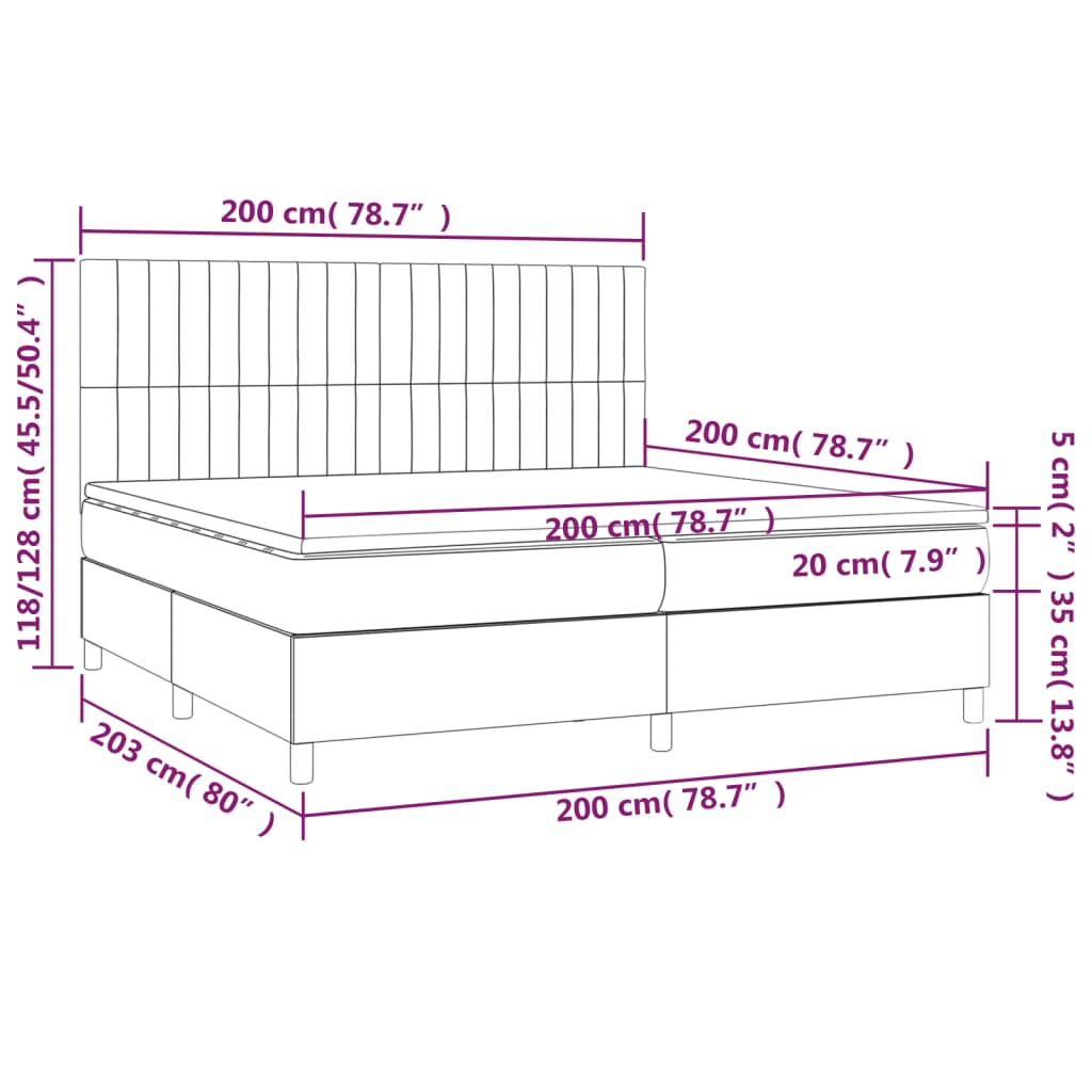 vidaXL Cama box spring colchón luces LED tela marrón oscuro 200x200 cm