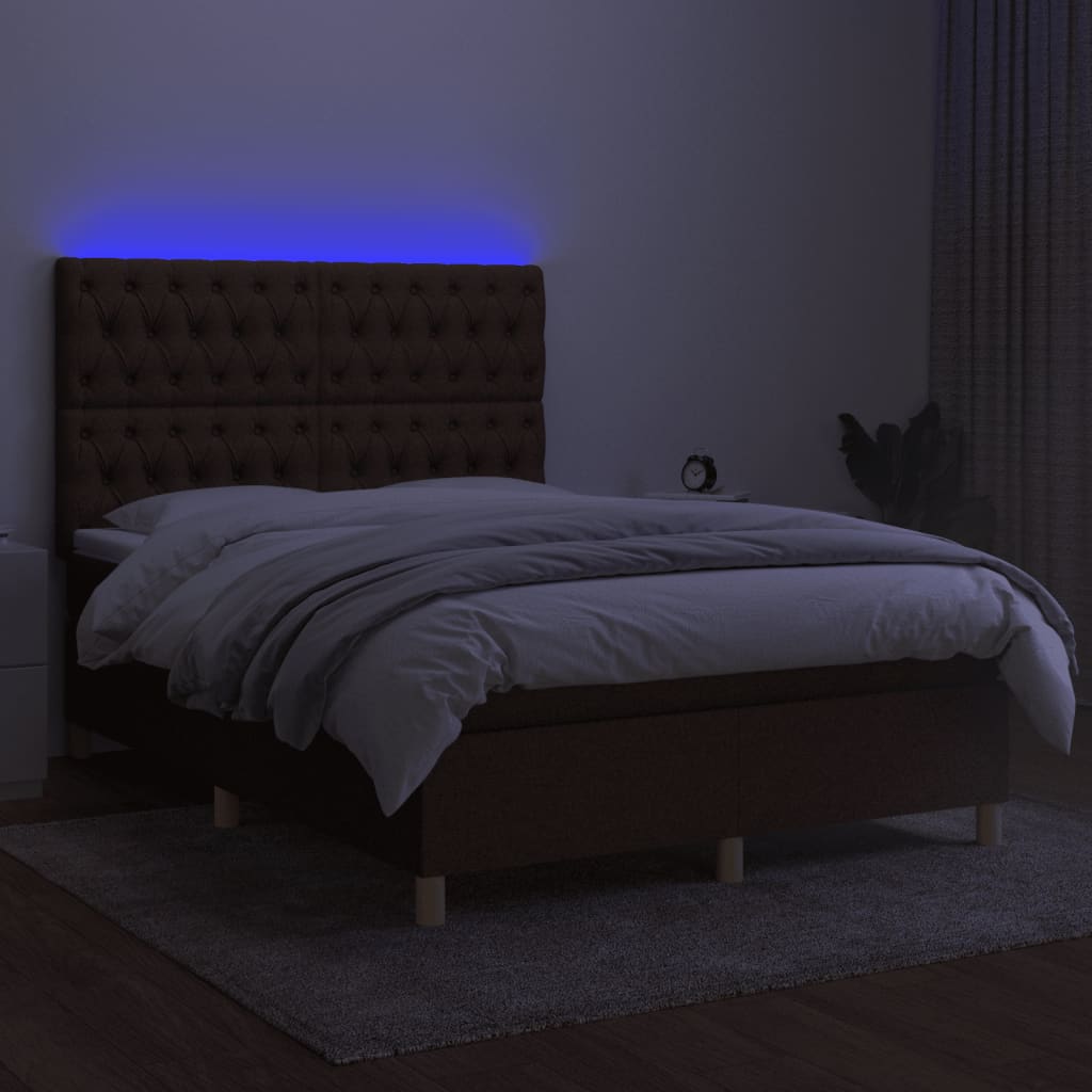 vidaXL Cama box spring colchón luces LED tela marrón oscuro 140x200cm