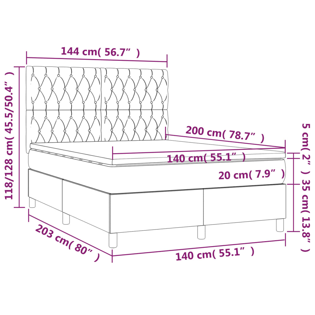 vidaXL Cama box spring colchón luces LED tela marrón oscuro 140x200cm