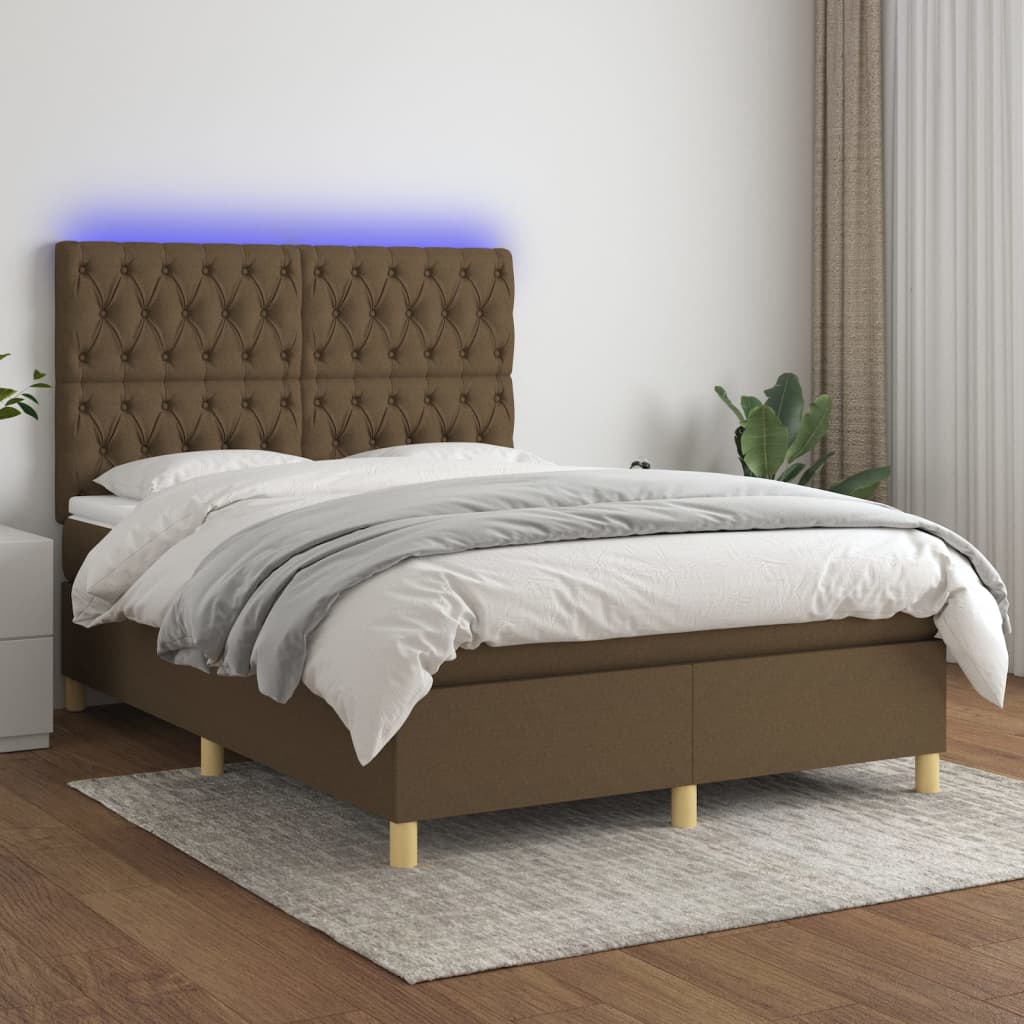 vidaXL Cama box spring colchón luces LED tela marrón oscuro 140x200cm