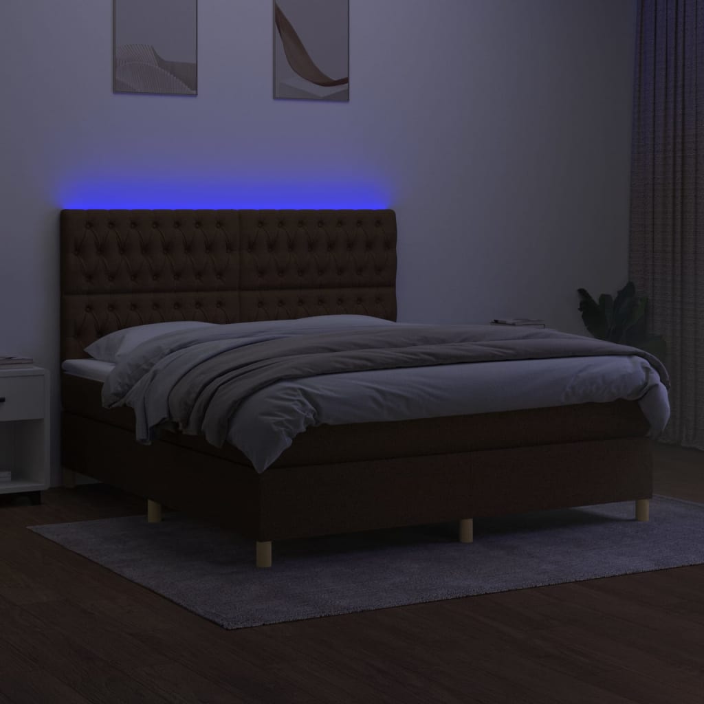 vidaXL Cama box spring colchón luces LED tela marrón oscuro 180x200cm