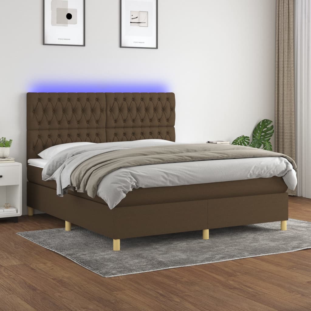 vidaXL Cama box spring colchón luces LED tela marrón oscuro 180x200cm