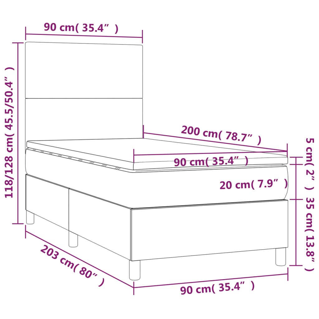 vidaXL Cama box spring colchón LED cuero sintético capuchino 90x200 cm