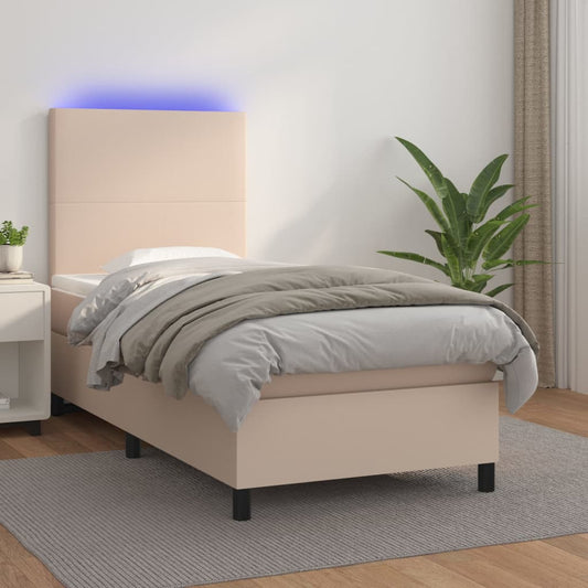 vidaXL Cama box spring colchón LED cuero sintético capuchino 90x200 cm