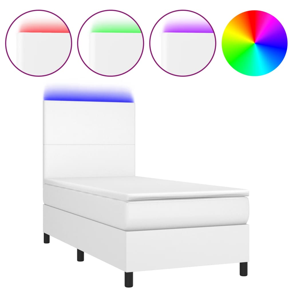 vidaXL Cama box spring colchón y LED cuero sintético blanco 100x200 cm