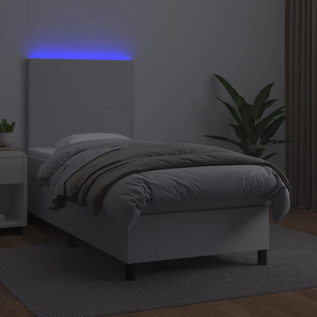 vidaXL Cama box spring colchón y LED cuero sintético blanco 100x200 cm