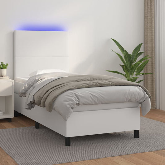 vidaXL Cama box spring colchón y LED cuero sintético blanco 100x200 cm