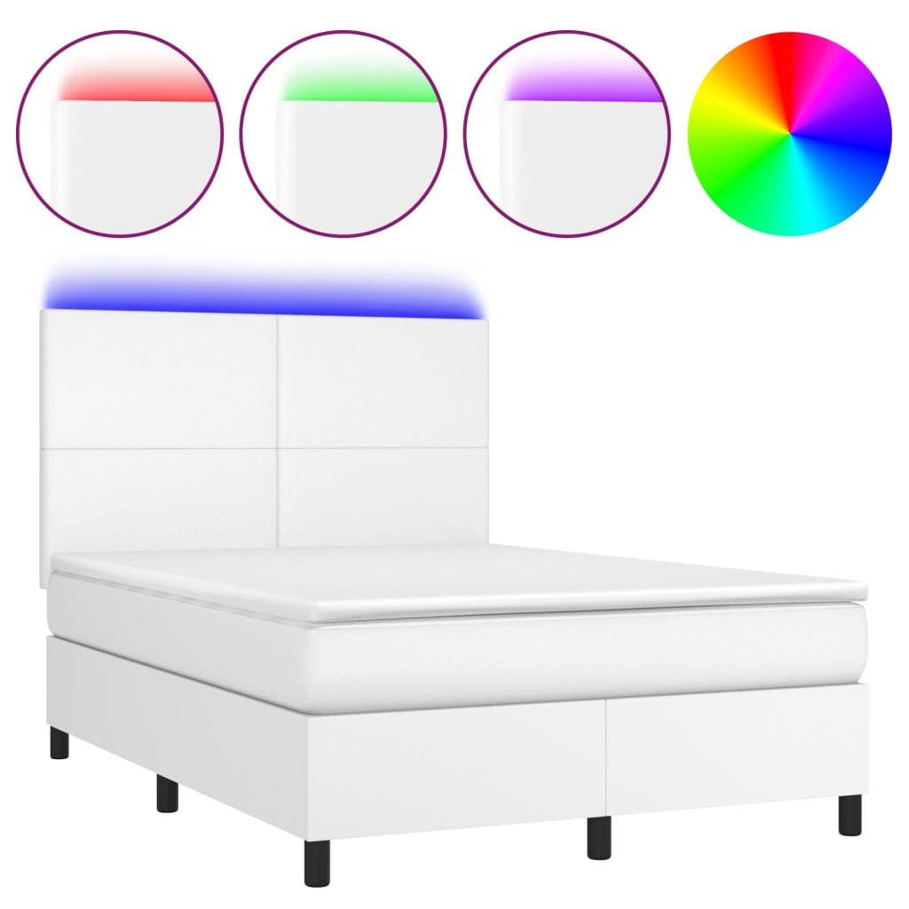 vidaXL Cama box spring colchón y LED cuero sintético blanco 140x190 cm