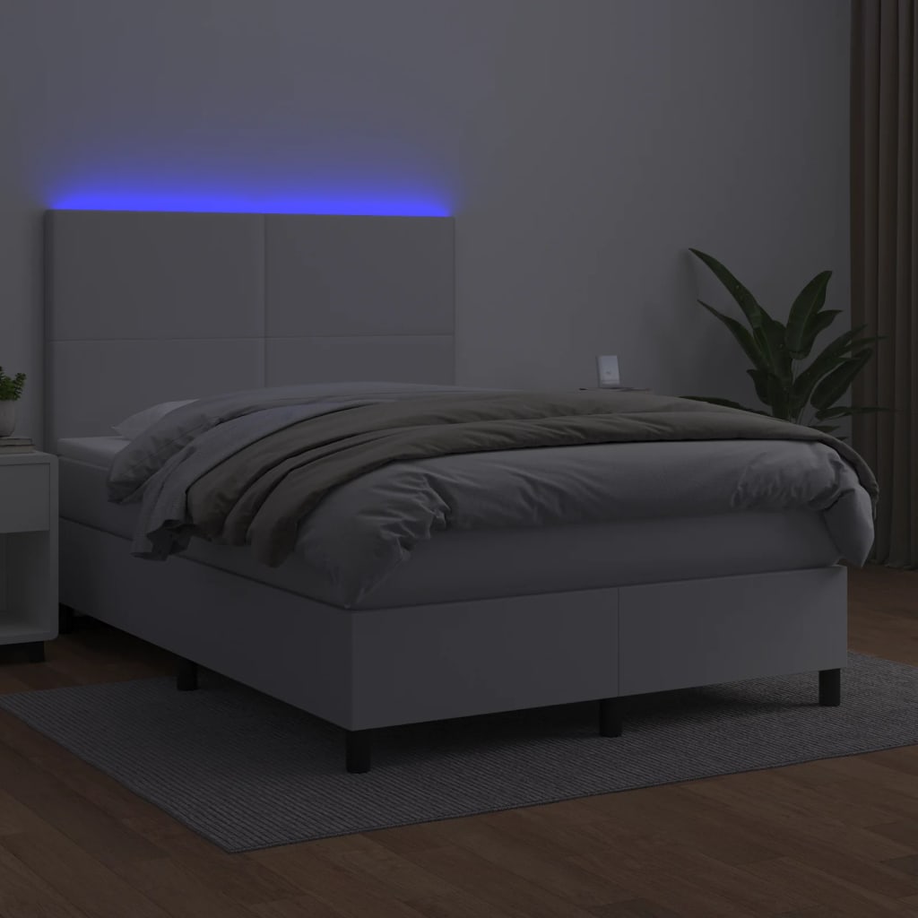 vidaXL Cama box spring colchón y LED cuero sintético blanco 140x190 cm