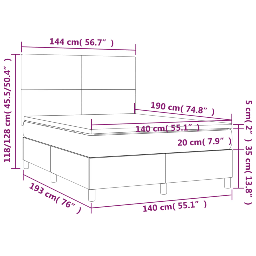 vidaXL Cama box spring colchón y LED cuero sintético blanco 140x190 cm