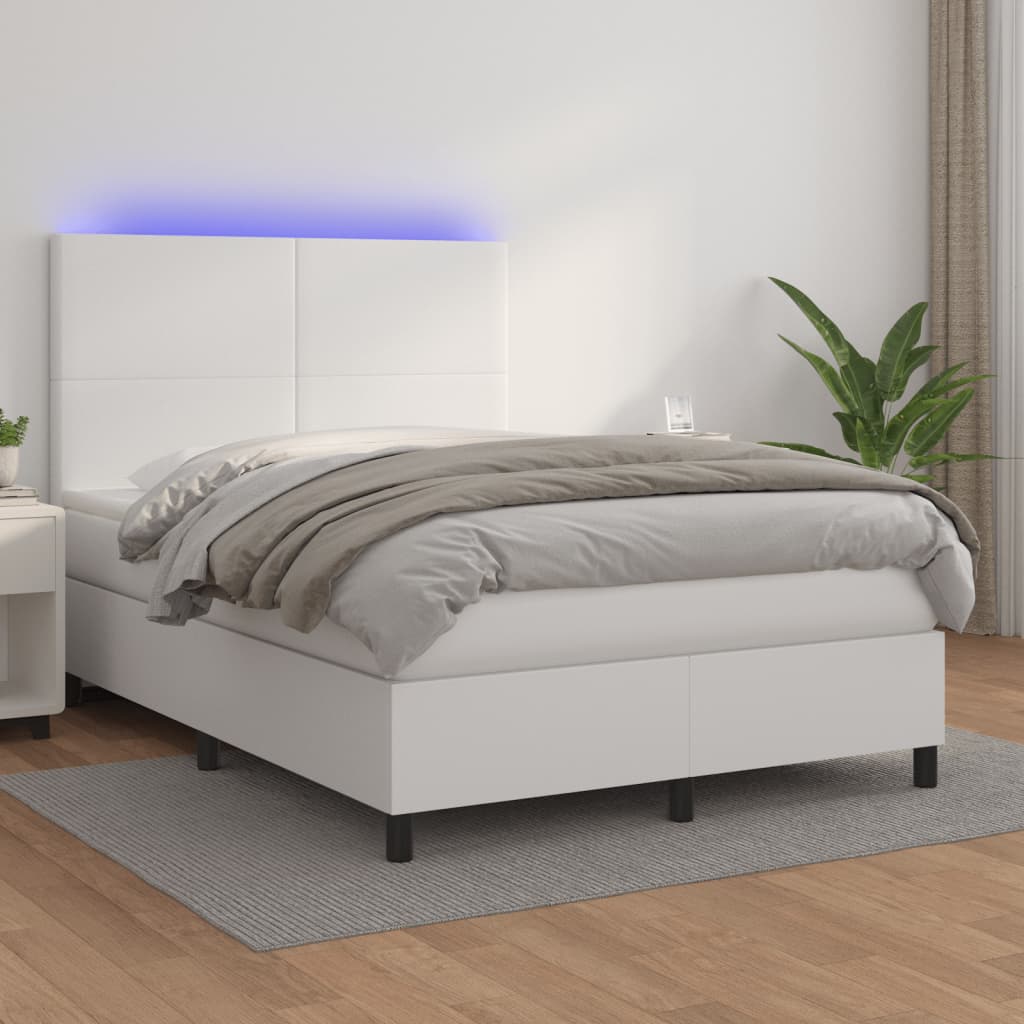 vidaXL Cama box spring colchón y LED cuero sintético blanco 140x190 cm