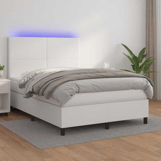 vidaXL Cama box spring colchón y LED cuero sintético blanco 140x190 cm