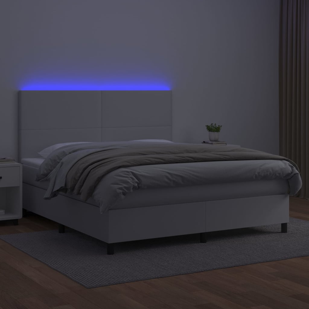 vidaXL Cama box spring colchón y LED cuero sintético blanco 180x200 cm