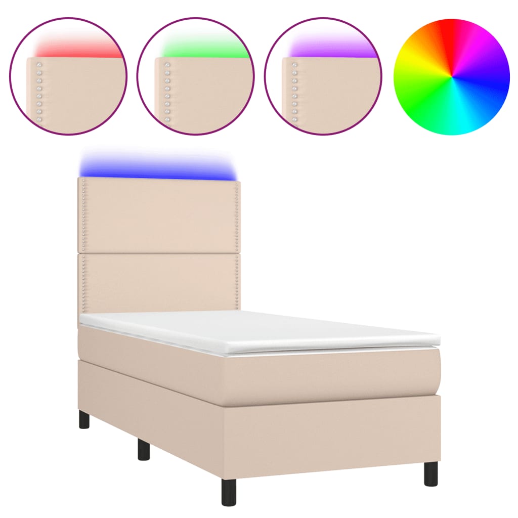 vidaXL Cama box spring colchón LED cuero sintético capuchino 90x190 cm