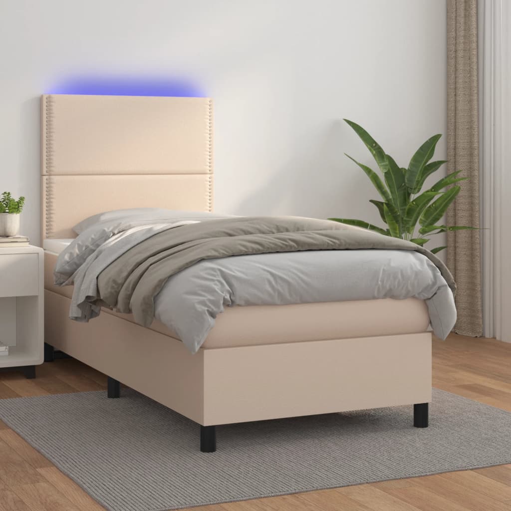 vidaXL Cama box spring colchón LED cuero sintético capuchino 90x190 cm