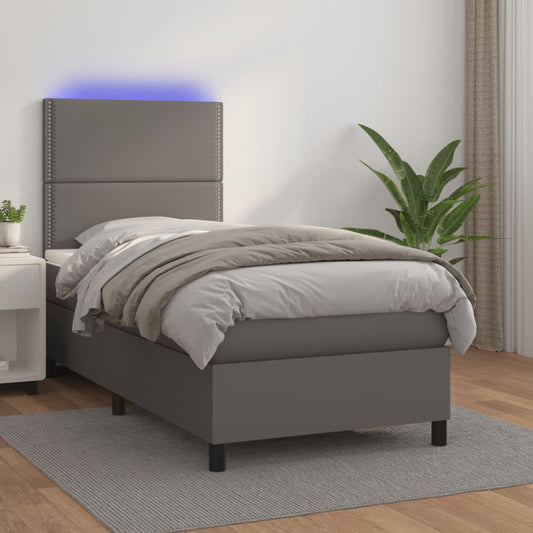 vidaXL Cama box spring colchón y LED cuero sintético gris 100x200 cm