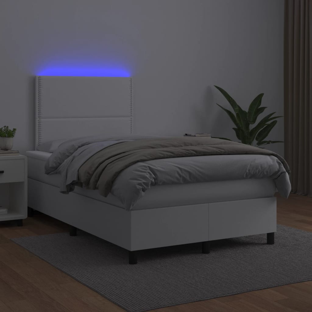 vidaXL Cama box spring colchón y LED cuero sintético blanco 120x200 cm