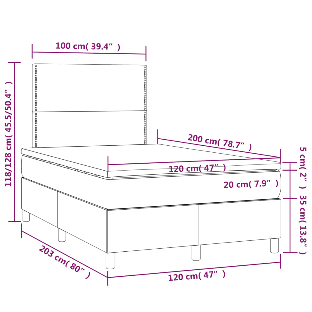 vidaXL Cama box spring colchón y LED cuero sintético blanco 120x200 cm