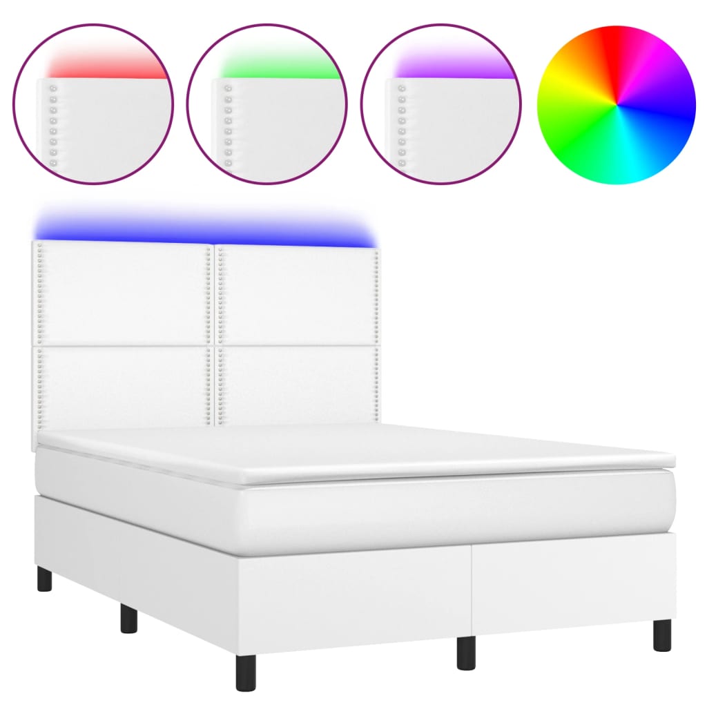 vidaXL Cama box spring colchón y LED cuero sintético blanco 140x200 cm