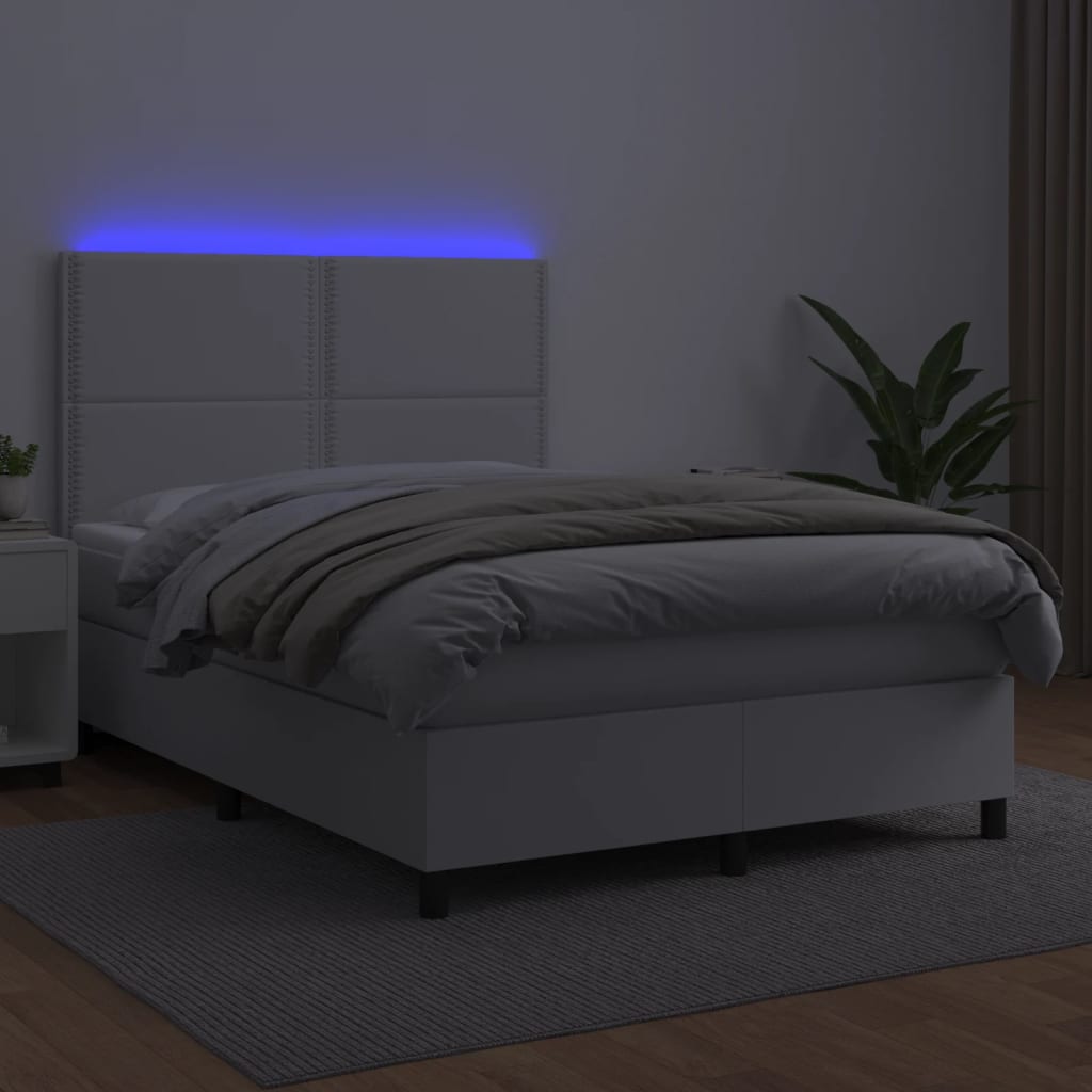 vidaXL Cama box spring colchón y LED cuero sintético blanco 140x200 cm