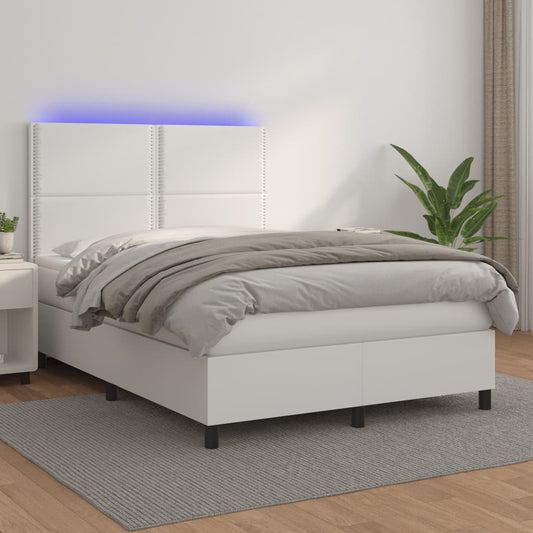 vidaXL Cama box spring colchón y LED cuero sintético blanco 140x200 cm