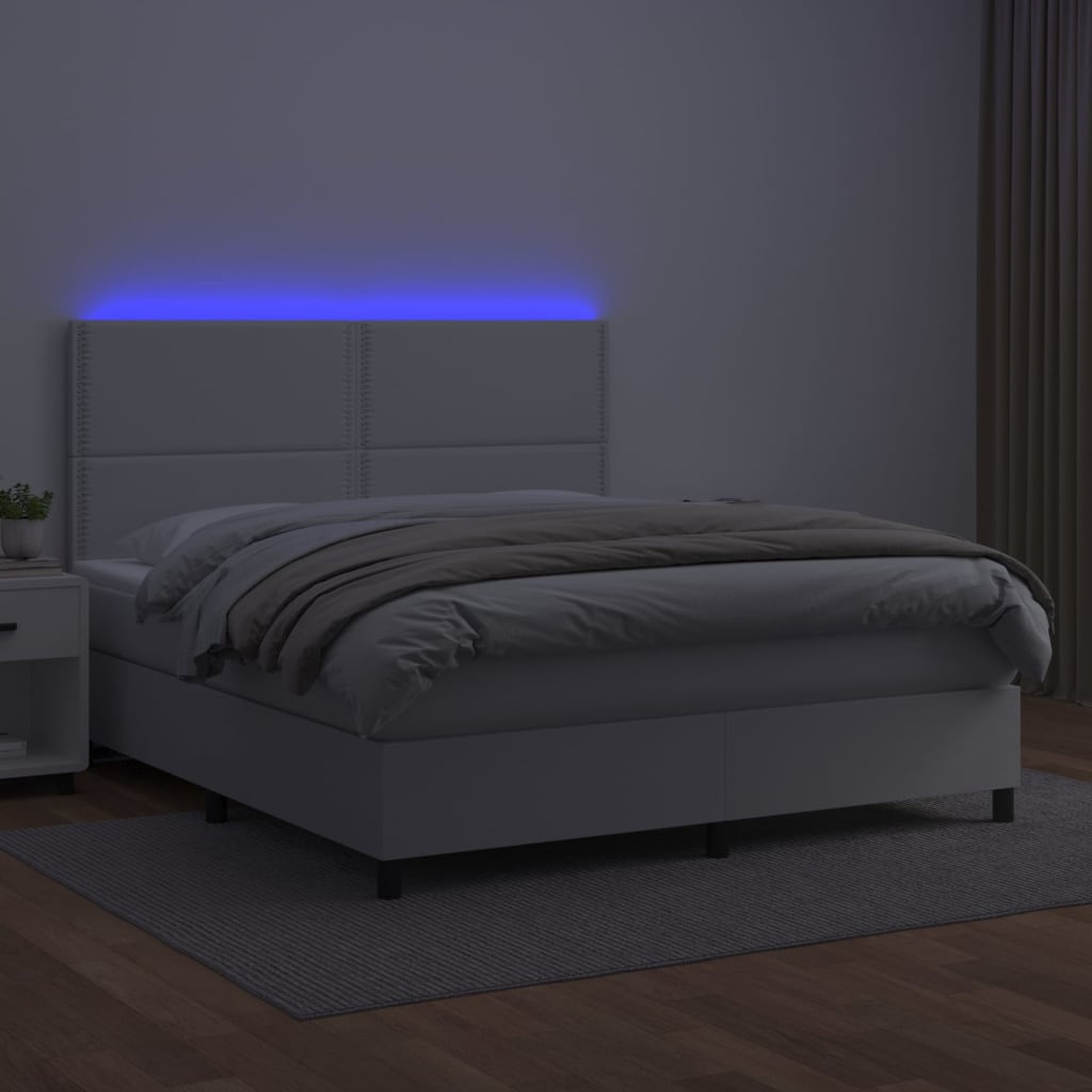 vidaXL Cama box spring colchón y LED cuero sintético blanco 160x200 cm