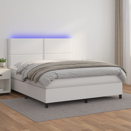 vidaXL Cama box spring colchón y LED cuero sintético blanco 160x200 cm