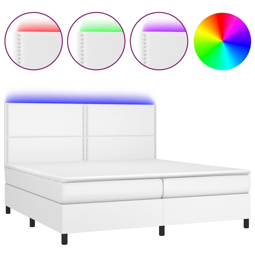 vidaXL Cama box spring colchón y LED cuero sintético blanco 200x200 cm