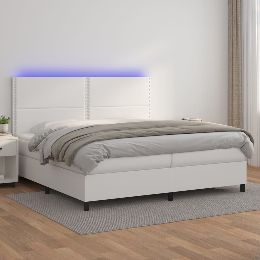 vidaXL Cama box spring colchón y LED cuero sintético blanco 200x200 cm